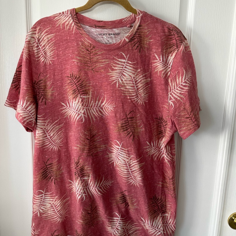 LUCKY BRAND Salmon Red Linen Leaf Print Crew Neck T-Shirt